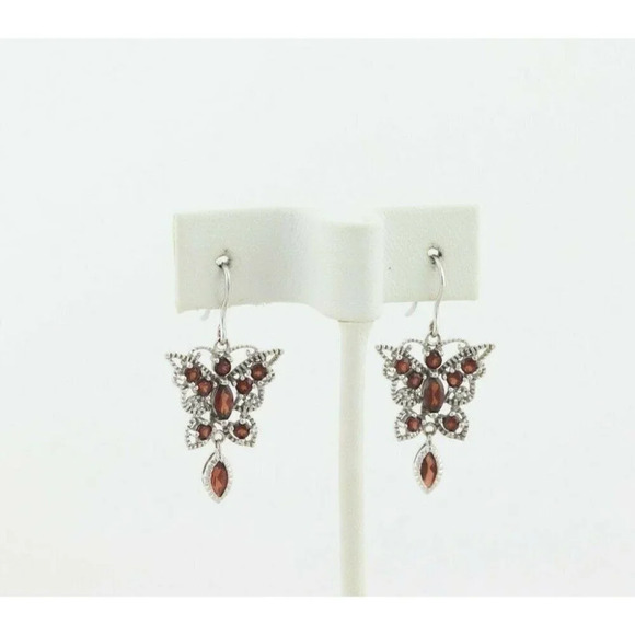 10k White Gold Natural Garnet Butterfly Earrings Dangle Drop Earrings - Picture 5 of 7